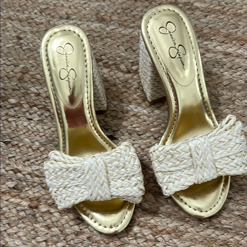 Jessica Simpson White Braided Bow Block Heel Sandals